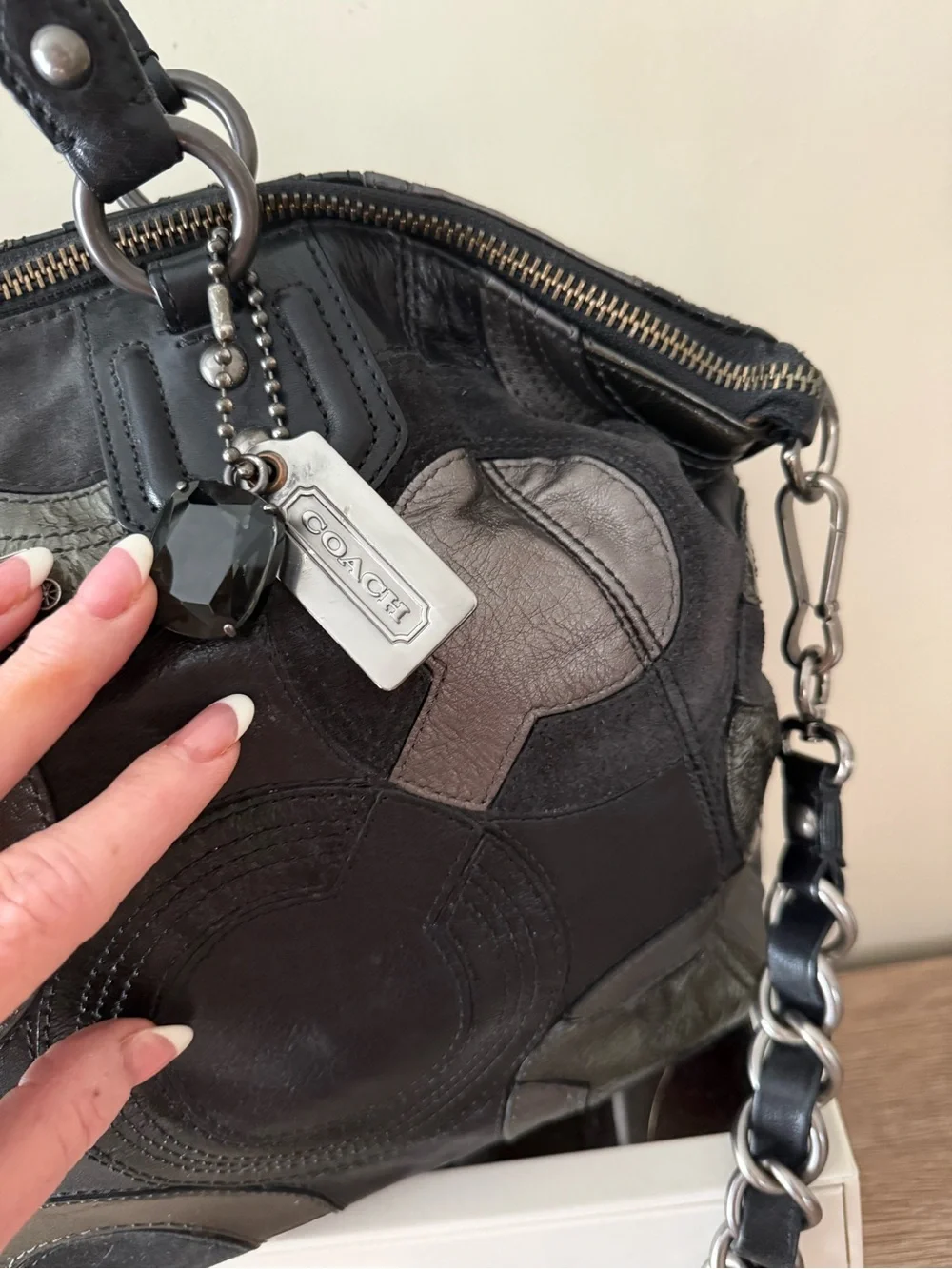 Coach Black Multi-Gray Circular Patchwork Leather Shoulder Bag